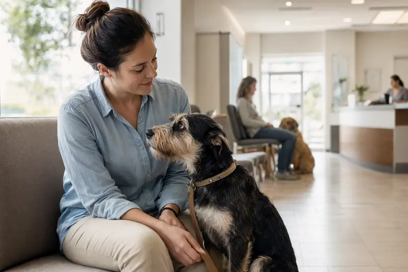 Ein Mucuchies Hund sitzt ruhig neben seinem Besitzer im hellen Wartezimmer einer modernen Tierarztpraxis.